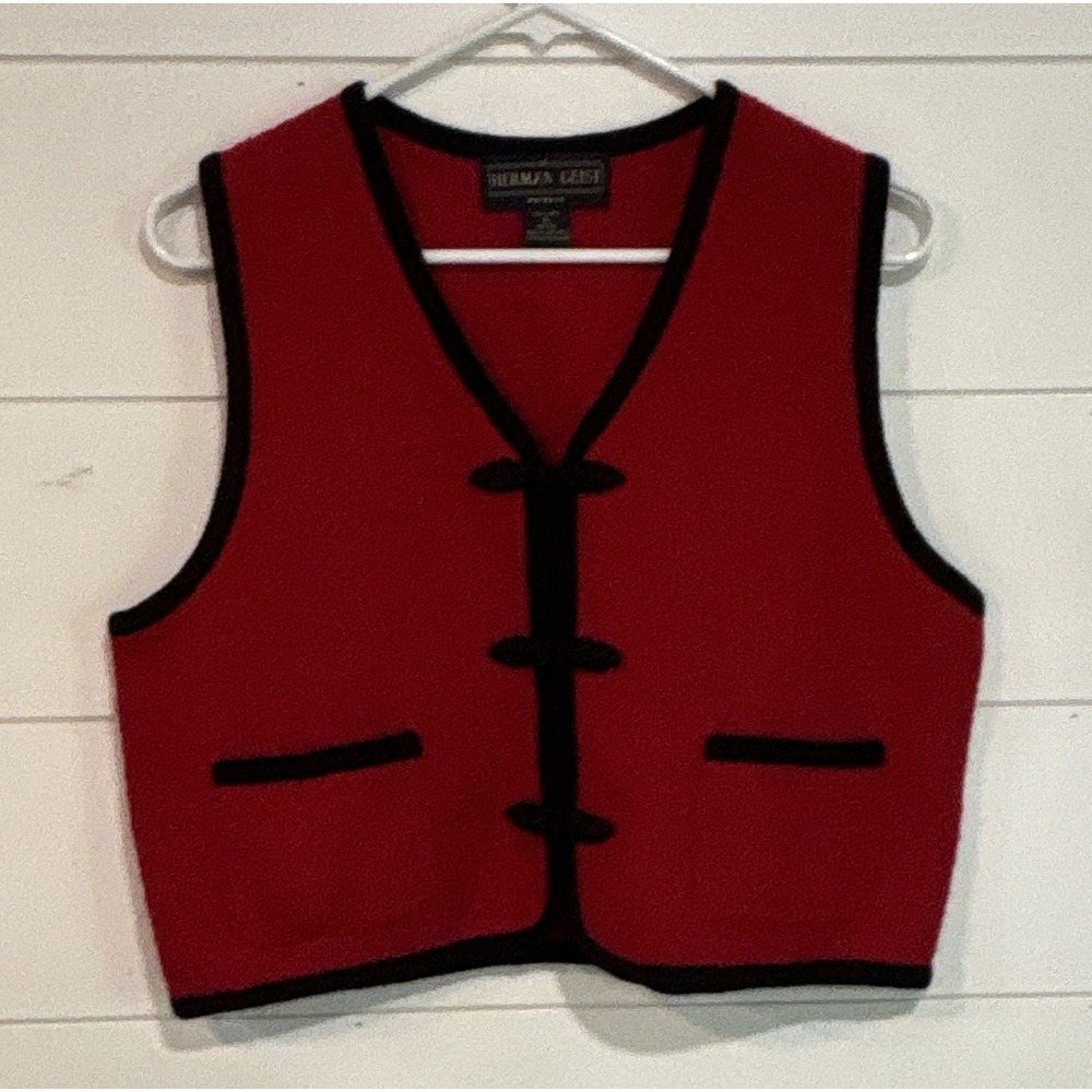 Herman Geist Women's Petite PL Wool Vest Toggle Pockets Red/Black